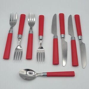 Set of 9 Totally Today Stainless Flatware RED Plastic Handles